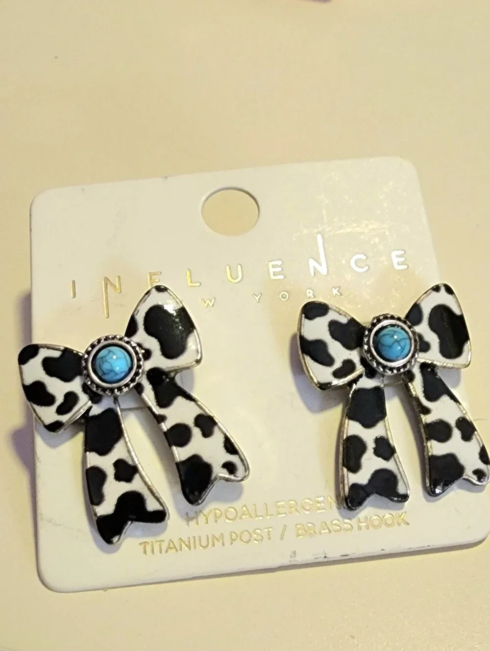 Influence New York Western Cow Print Bow Earrings, NWT